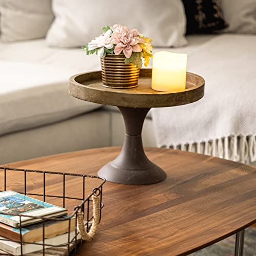 Stonebriar Rustic Worn Natural Wood and Metal Pedestal Tray, Decorative Pillar Candle Holder, For Centerpieces, Mantel Decoration, or Any Table Top, Large - Image 5