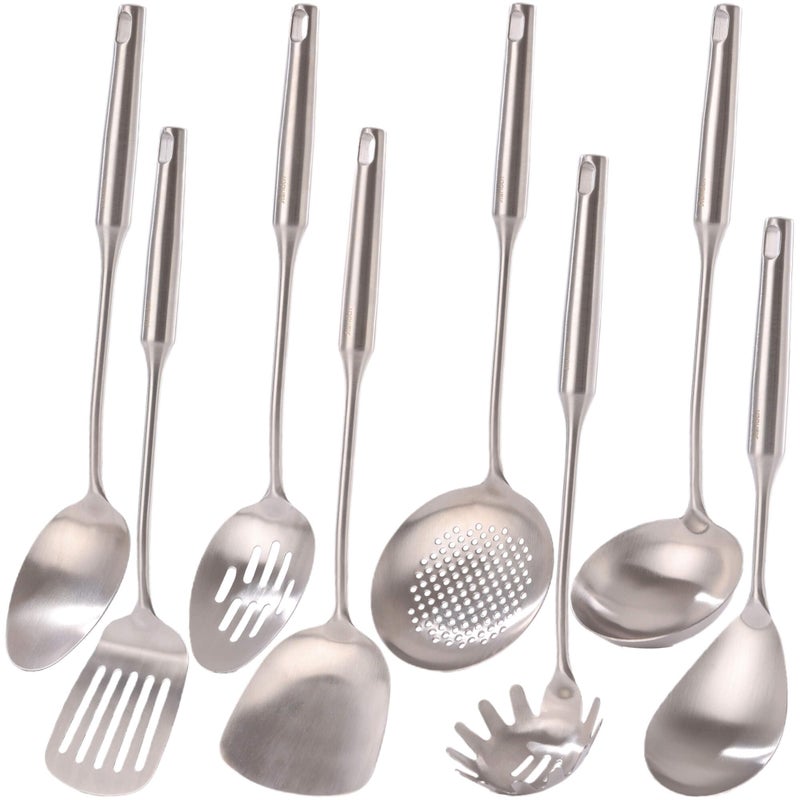 1810 Stainless Steel Kitchen Utensils Set 15 All Metal Cooking Tools Serving Utensils 8 PCS Solid Spoon Slotted Spoon Spatula Ladle Skimmer Tunner Spaghetti Spoon Large Spoon Set