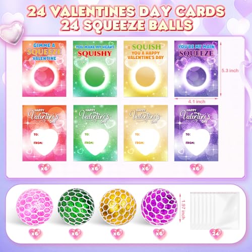 AuroTops Valentines Day Cards for Kids24 Pack Squeeze Balls Fidget Toys Bulk with Valentines Day Cards for Kids School Classroom Exchange Valentines Gifts for Boys GirlsKids Party Favors Prizes - Image 5