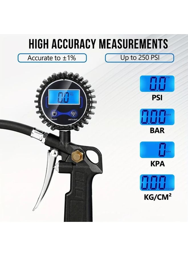 مقياس ضغط الإطارات الثلاثي 250 رطل لكل بوصة مربعة مع شاشة رقمية LED/LCD مضاءة للسيارات والشاحنات وسيارات الدفع الرباعي - Image 4