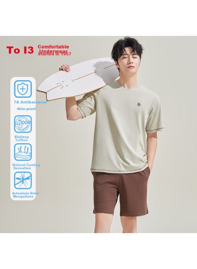 hongdou Red Bean Men's 7a Antibacterial Cooling 100% Xinjiang Cotton Artemisia Mosquito-repellent Short-sleeve Couple Pajamas Set Spring Summer - Image 1