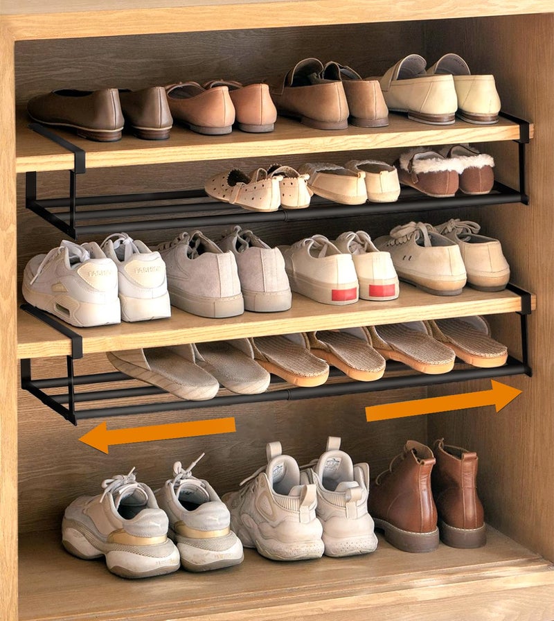 PrimZooty 2Pcs Expandable Shoe Rack Organizer for Closet, 16.13-31.49 Inch Adjustable shoe shelf, Hanging Shoe Organizer Under Cabinet Storage Shelf for Kitchen, Laundry Room, Dorm Room, Wardrobe -Black - Image 1