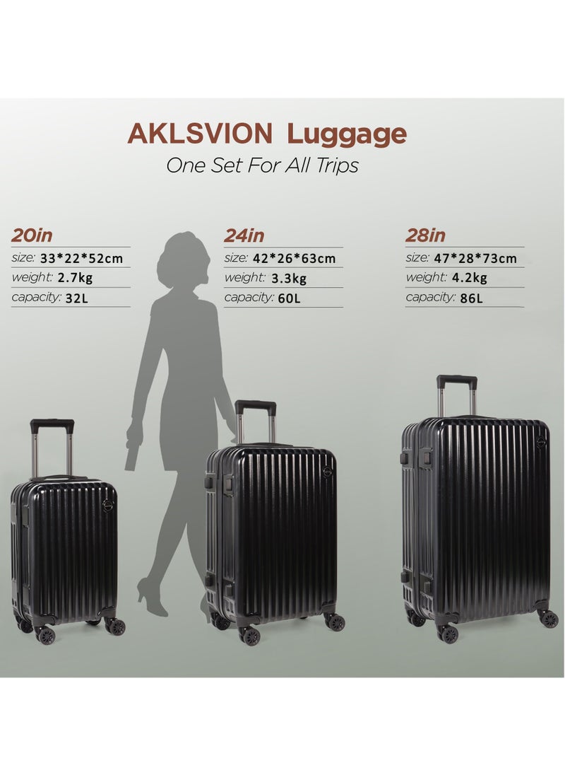 أكلسفيون مجموعة حقائب سفر Aklsvion ذات العجلات الدوارة الصلبة المكونة من 3 قطع مقاس 20/24/28 بوصة مع عجلات دوارة للرجال والنساء باللون الأسود  - Image 2