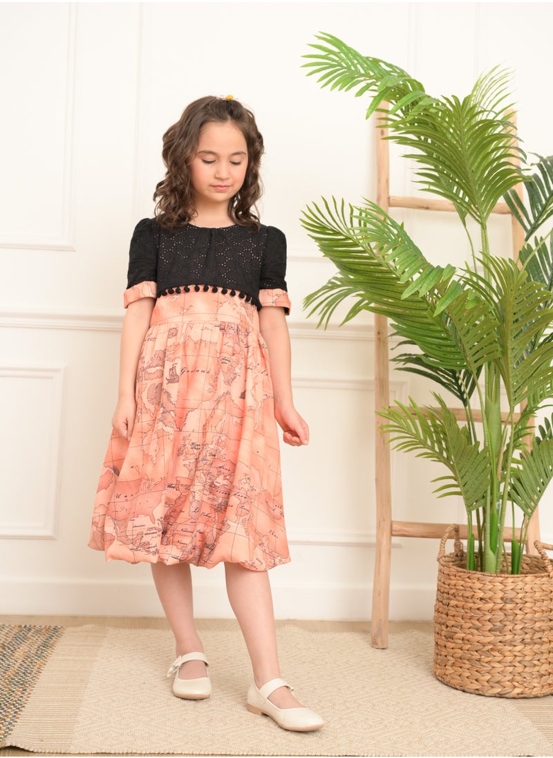 FULL JOY Girls' Dress with text sleeves with  elegant design, Onion-Black  - Image 1