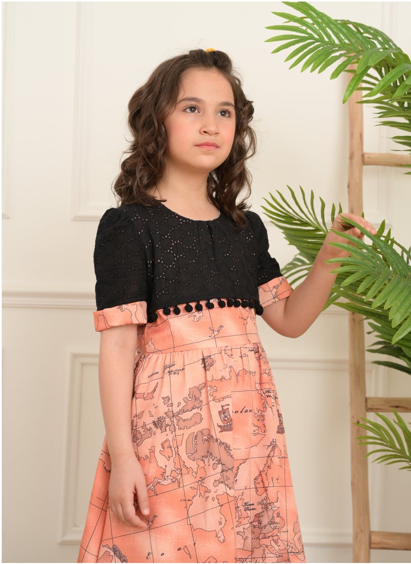 FULL JOY Girls' Dress with text sleeves with  elegant design, Onion-Black  - Image 4