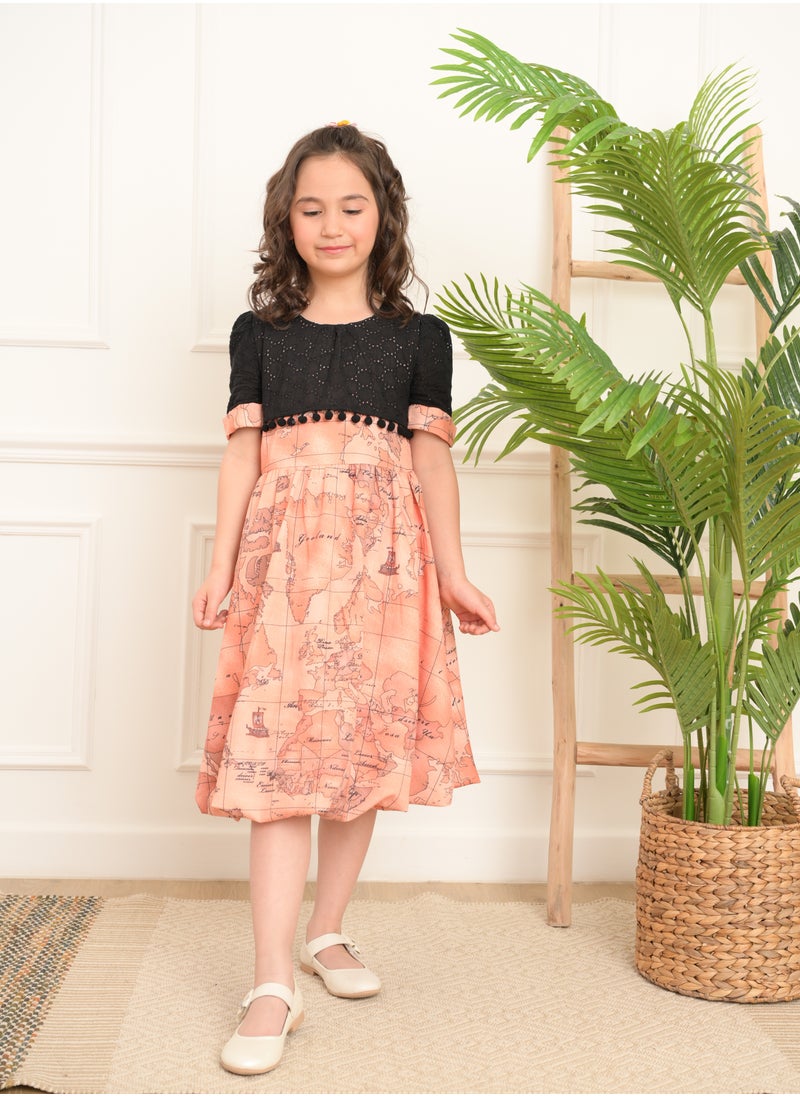 FULL JOY Girls' Dress with text sleeves with  elegant design, Onion-Black  - Image 2