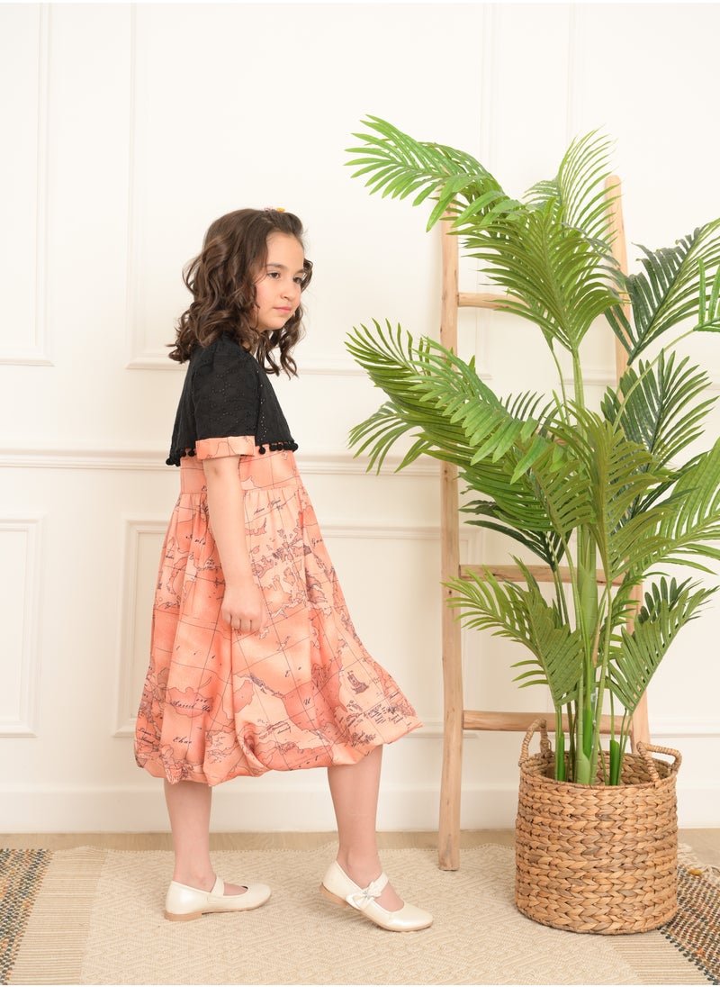 FULL JOY Girls' Dress with text sleeves with  elegant design, Onion-Black  - Image 3