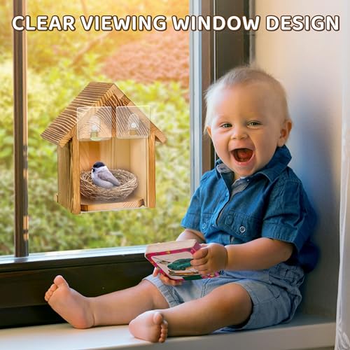 ANSTEEP Window Bird Houses for Outside with 2 Powerful Hooks, Clear Window Bird House for Viewing Inside, Hanging Wooden Birdhouses to Paint for Outdoors, Bird Nesting Box for Bluebird Finch Chickadee - Image 5