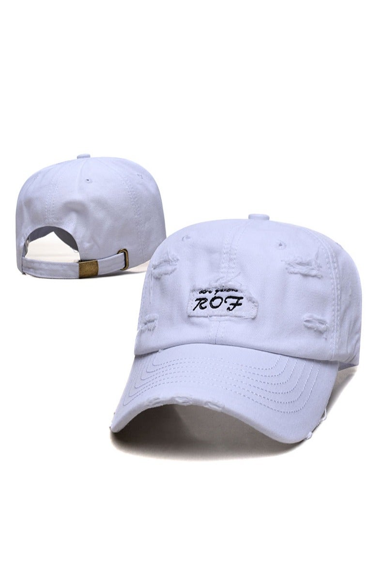 White Distressed Baseball Cap with "ROF" Embroidery