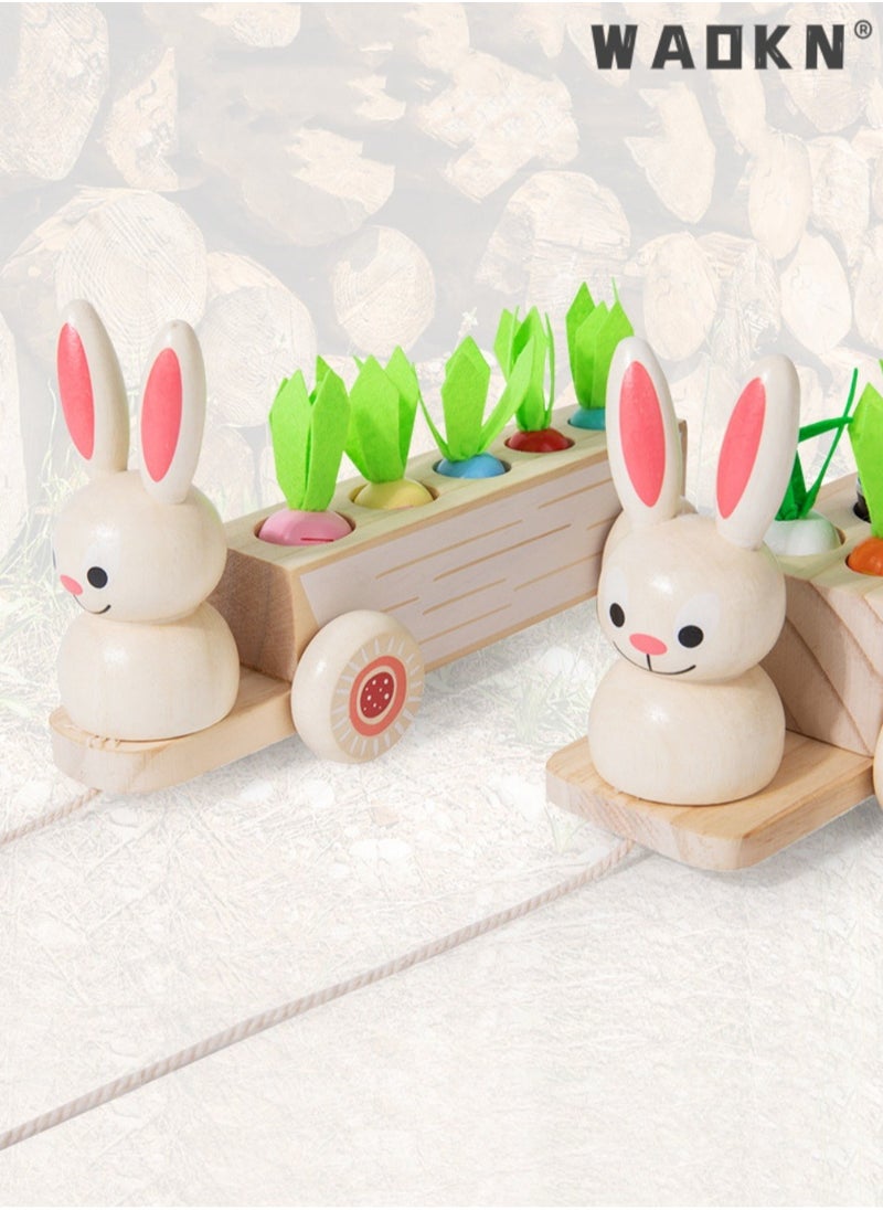 WAOKN Toddlers Montessori Wooden Educational Toys for Baby Boys Girls,Wooden Rabbit Pull Cart Farm Toy with Removeable Vegetables for Toddlers,Kids Montessori Easter Bunny Shape Sorting Car(Carrot)  - Image 2