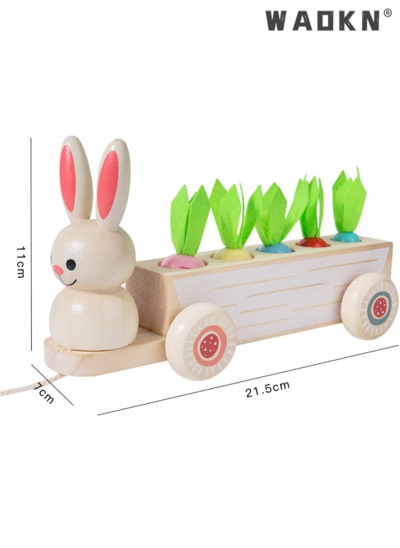 WAOKN Toddlers Montessori Wooden Educational Toys for Baby Boys Girls,Wooden Rabbit Pull Cart Farm Toy with Removeable Vegetables for Toddlers,Kids Montessori Easter Bunny Shape Sorting Car(Carrot)  - Image 3