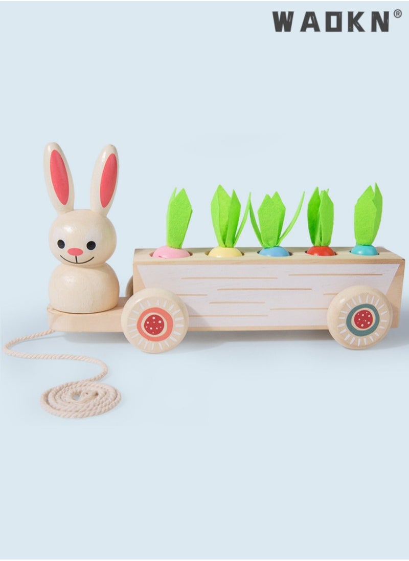 WAOKN Toddlers Montessori Wooden Educational Toys for Baby Boys Girls,Wooden Rabbit Pull Cart Farm Toy with Removeable Vegetables for Toddlers,Kids Montessori Easter Bunny Shape Sorting Car(Carrot)  - Image 4