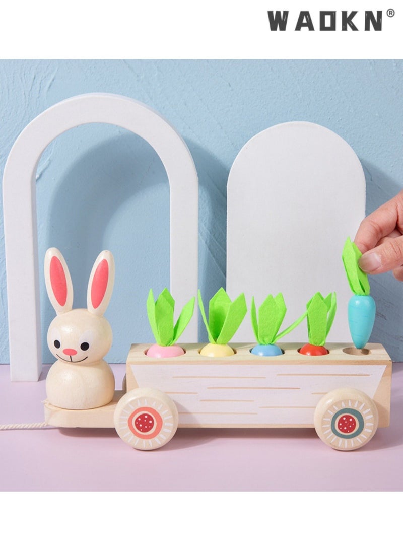 WAOKN Toddlers Montessori Wooden Educational Toys for Baby Boys Girls,Wooden Rabbit Pull Cart Farm Toy with Removeable Vegetables for Toddlers,Kids Montessori Easter Bunny Shape Sorting Car(Carrot)  - Image 5