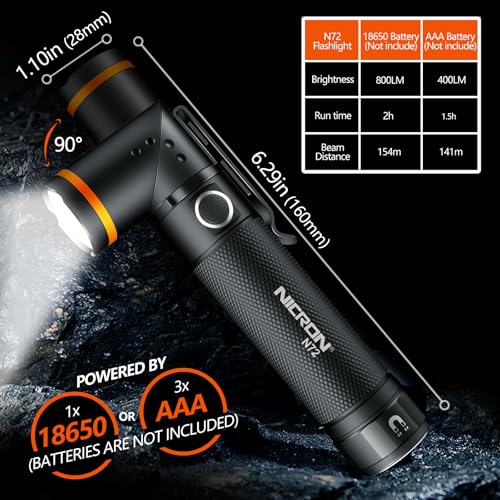 NICRON Flashlight, N72 800 Lumens Tactical Flashlight, 90 Degree Flashlight IPX4 Waterproof Led Flashlight 4 Modes- Best High Lumens are for Camping, Outdoor,Maintain (18650/AAA Not Included) - Image 2