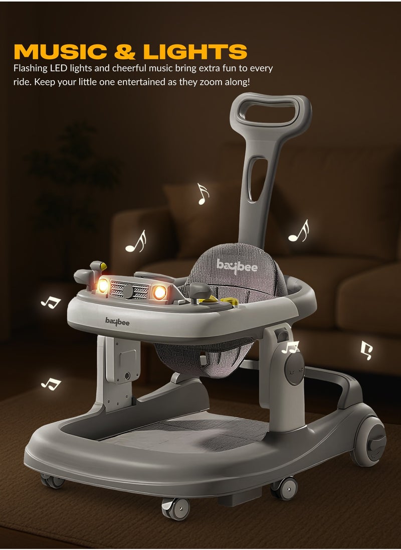 BAYBEE - 3 in 1 Rollo Baby Walker for Kids, Baby Push Walker with Parental Push Handle, 5 Adjustable Height, Speed Adjustable, Foldable Kids Walker with Light, Tray & Musical Toddler Walker for Baby 6 to 24 Months Boy Girl Grey - Image 1