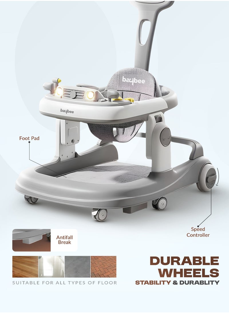 BAYBEE - 3 in 1 Rollo Baby Walker for Kids, Baby Push Walker with Parental Push Handle, 5 Adjustable Height, Speed Adjustable, Foldable Kids Walker with Light, Tray & Musical Toddler Walker for Baby 6 to 24 Months Boy Girl Grey - Image 1