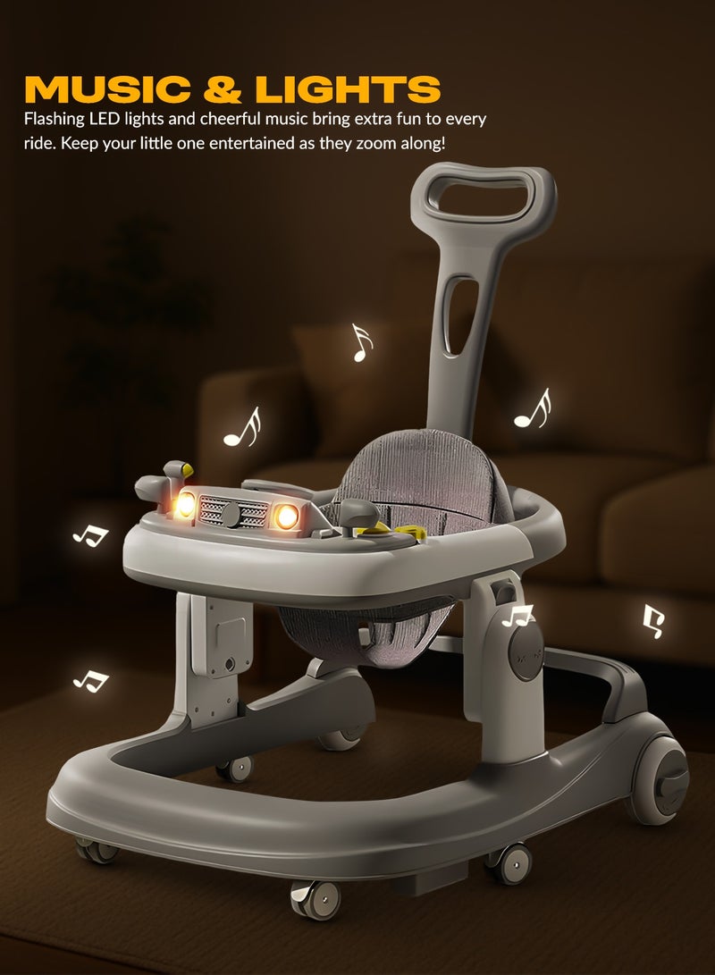 BAYBEE 3 in 1 Rollo Baby Walker for Kids, Baby Push Walker with Parental Push Handle, 5 Adjustable Height, Speed Adjustable, Foldable Kids Walker with Light, Tray & Musical Toddler Walker for Baby 6 to 24 Months Boy Girl Grey  - Image 4