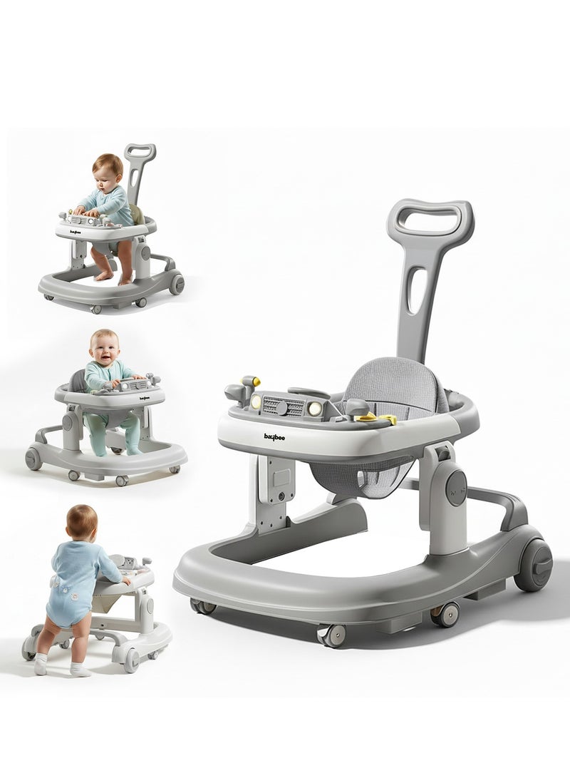 BAYBEE 3 in 1 Rollo Baby Walker for Kids, Baby Push Walker with Parental Push Handle, 5 Adjustable Height, Speed Adjustable, Foldable Kids Walker with Light, Tray & Musical Toddler Walker for Baby 6 to 24 Months Boy Girl Grey - Image 1