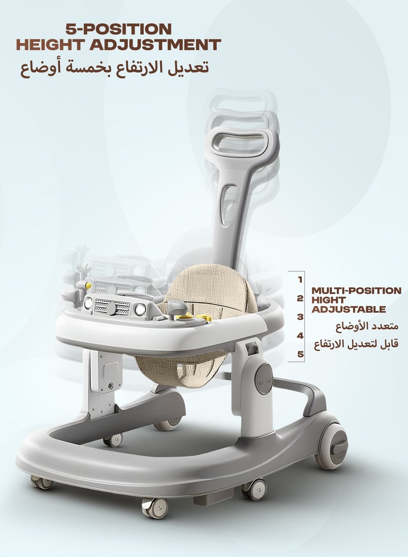BAYBEE 3 in 1 Rollo Baby Walker for Kids, Baby Push Walker with Parental Push Handle, 5 Adjustable Height, Speed Adjustable, Foldable Kids Walker with Light, Tray & Musical Toddler Walker for Baby 6 to 24 Months Boy Girl Grey - Image 3