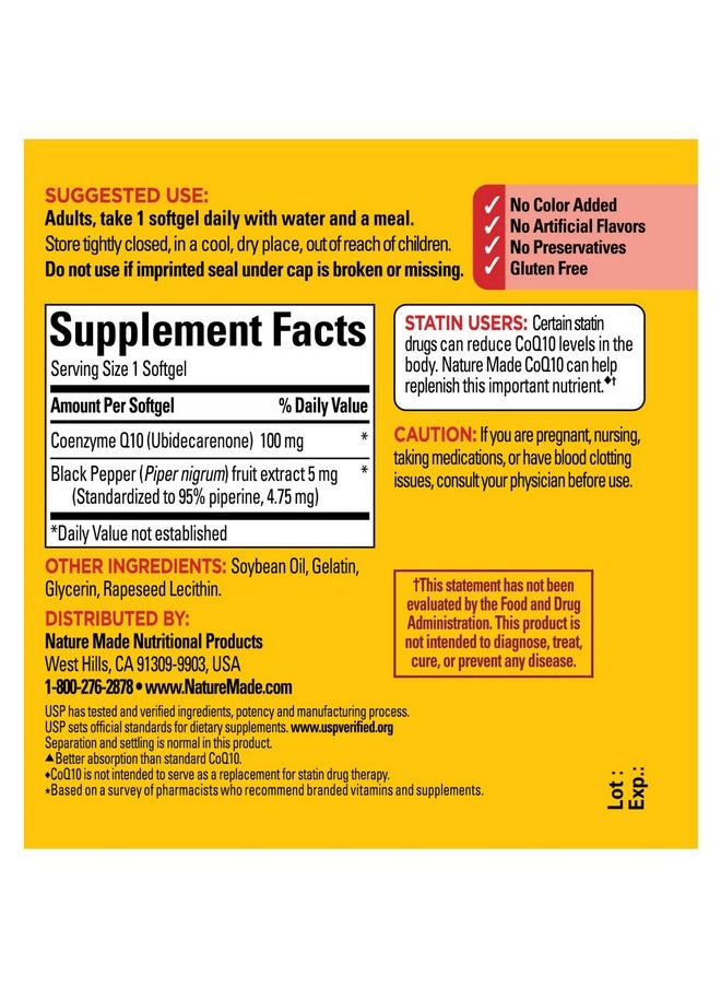 Nature Made Coq10 100 Mg With Black Pepper Extract For Enhanced Nutrient Absorption Dietary Supplement For Heart Health Support 30 Softgels 30 Day Supply  - Image 5