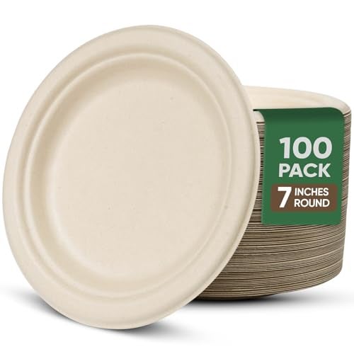 TaidMiao 7 Inch Paper Plates 100 Pack - 100% Compostable Disposable Plates, Heavy Duty Dessert Plates, Biodegradable Sugarcane Plates for Party (Microwavable, Oil/Water Proof, Eco-Friendly, Brown) - Image 1