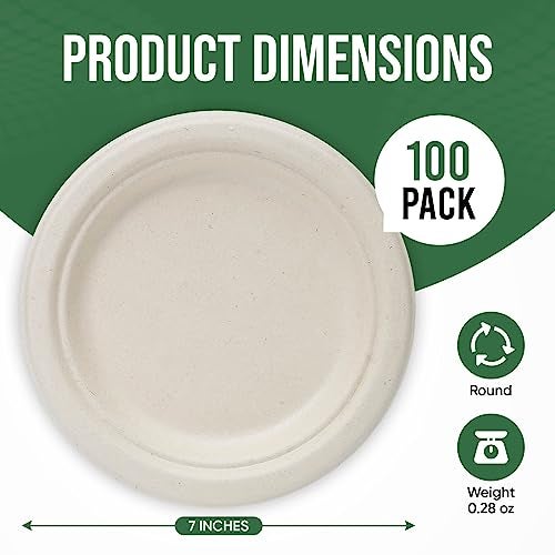 TaidMiao 7 Inch Paper Plates 100 Pack - 100% Compostable Disposable Plates, Heavy Duty Dessert Plates, Biodegradable Sugarcane Plates for Party (Microwavable, Oil/Water Proof, Eco-Friendly, Brown) - Image 2