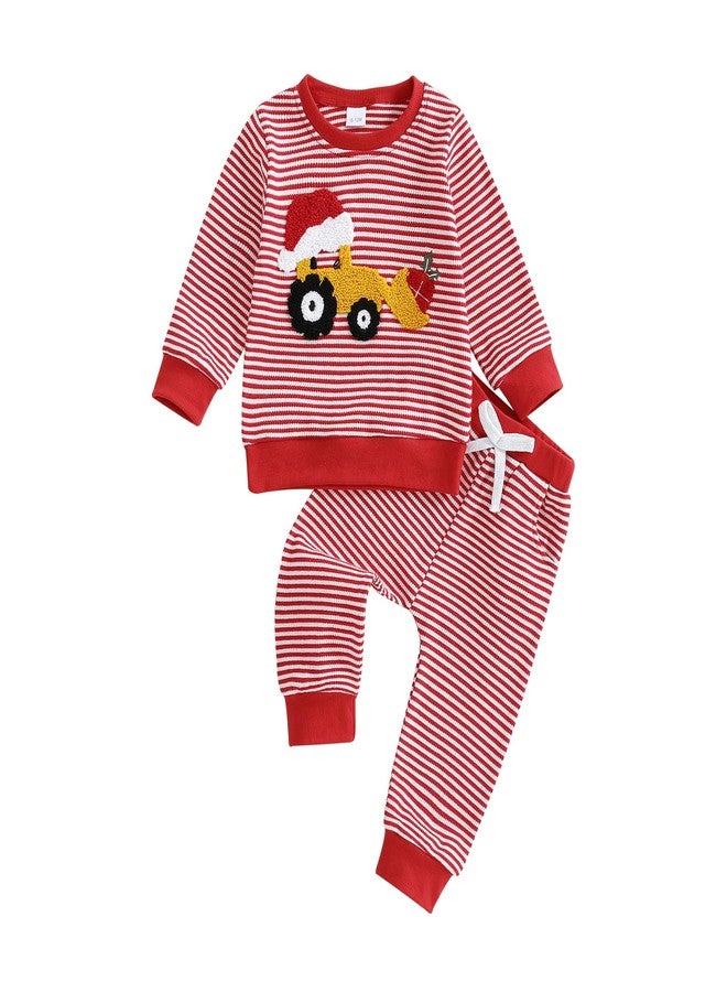 Frietlebird Baby Boy Christmas Outfit Tractor Santa's Hat Print Waffle Striped Crewneck Sweatshirt Pants Cute Christmas Outfit Toddler Boy (A-Red,18-24 Months) - Image 1