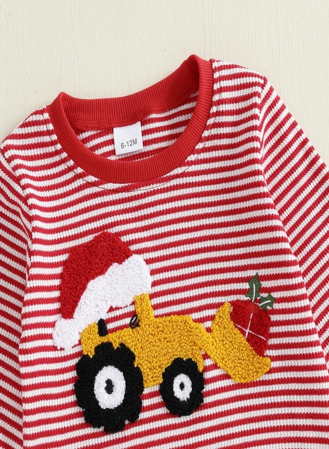 Frietlebird Baby Boy Christmas Outfit Tractor Santa's Hat Print Waffle Striped Crewneck Sweatshirt Pants Cute Christmas Outfit Toddler Boy (A-Red,18-24 Months) - Image 4