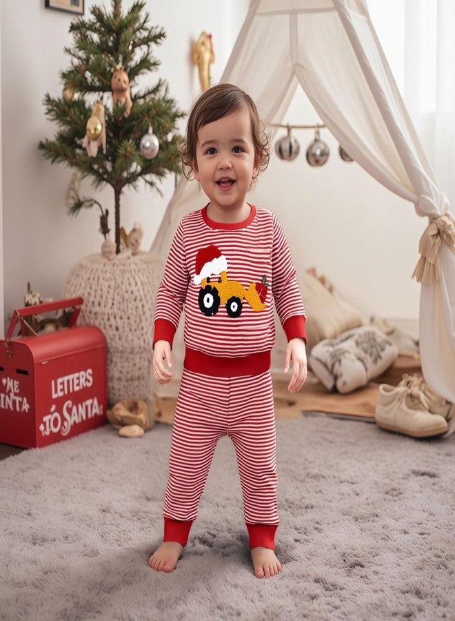 Frietlebird Baby Boy Christmas Outfit Tractor Santa's Hat Print Waffle Striped Crewneck Sweatshirt Pants Cute Christmas Outfit Toddler Boy (A-Red,18-24 Months) - Image 3