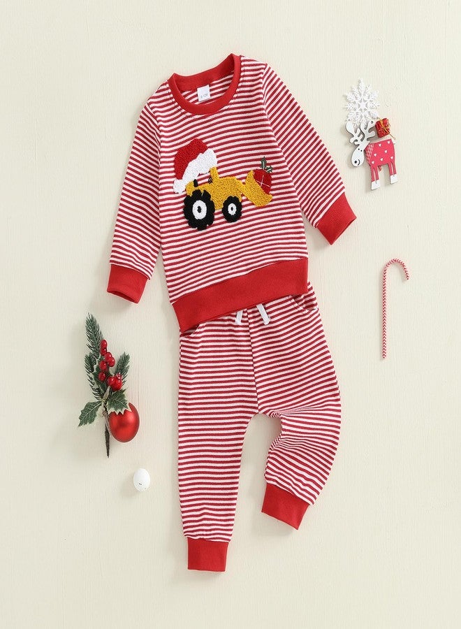 Frietlebird Baby Boy Christmas Outfit Tractor Santa's Hat Print Waffle Striped Crewneck Sweatshirt Pants Cute Christmas Outfit Toddler Boy (A-Red,18-24 Months) - Image 2