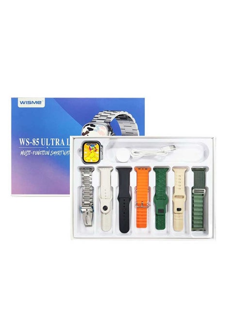 Multi Functional Smart Watch with 7 set Strap and Wireless Charger For Men's and Boys Silver