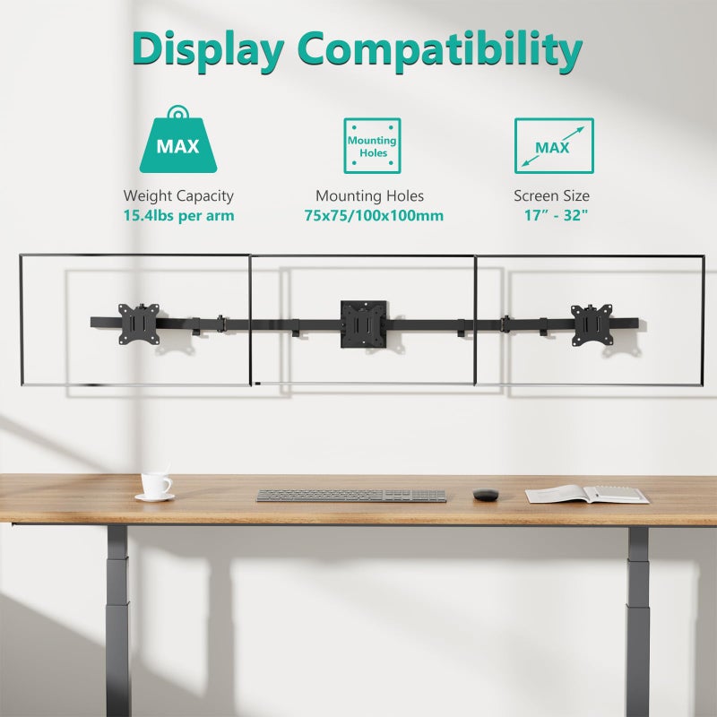 WALI Triple Monitor Wall Mount for 17 to 32 Inch, Computer Monitor Arm for 3 Screens, Swivel Tilt Wall Mount with Mounting Holes 75x75/100x100mm, Per Arm Holds Up to 15.4lbs (013ARM), Black - Image 3