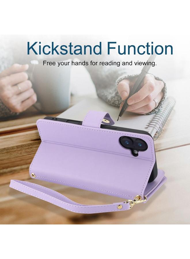 اس-توب جراب هاتف iPhone 16 Plus YM016 محفظة بطاقات جلدية بسحاب معيني مع حبل - Image 4