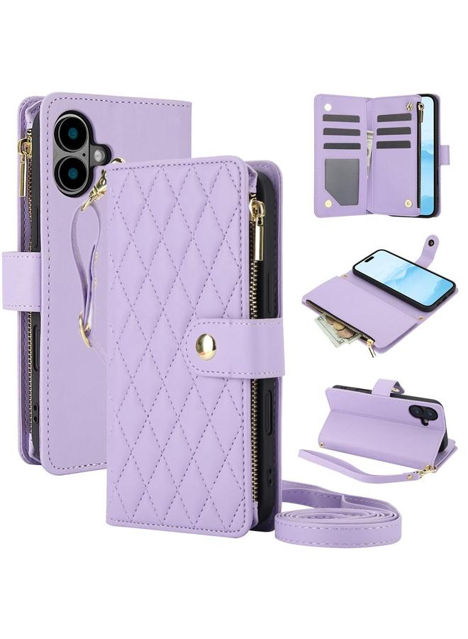 اس-توب جراب هاتف iPhone 16 Plus YM016 محفظة بطاقات جلدية بسحاب معيني مع حبل - Image 1