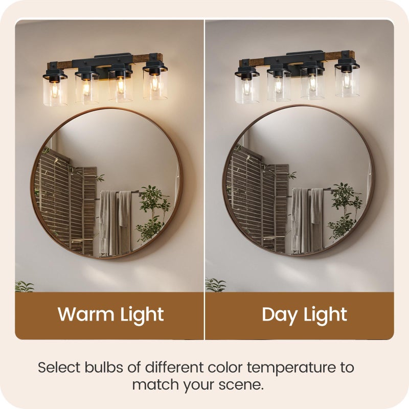 GOEBLESON 4-Light Bathroom Light Fixtures, Farmhouse Vanity Lights for Bathroom with Glass Square Shade, Rustic Vanity Lights, Sconce Wall Light, E26 Base (Bulbs Not Included), ETL Listed FS09BD05 - Image 5