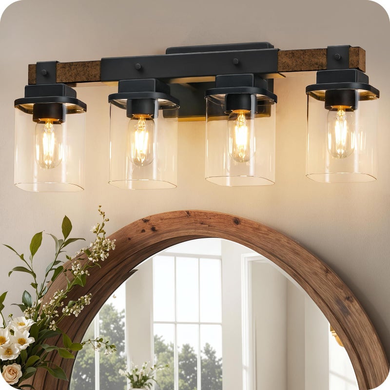 GOEBLESON 4-Light Bathroom Light Fixtures, Farmhouse Vanity Lights for Bathroom with Glass Square Shade, Rustic Vanity Lights, Sconce Wall Light, E26 Base (Bulbs Not Included), ETL Listed FS09BD05 - Image 1