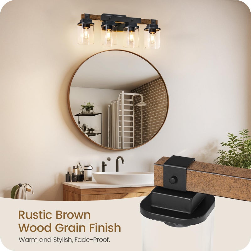 GOEBLESON 4-Light Bathroom Light Fixtures, Farmhouse Vanity Lights for Bathroom with Glass Square Shade, Rustic Vanity Lights, Sconce Wall Light, E26 Base (Bulbs Not Included), ETL Listed FS09BD05 - Image 3
