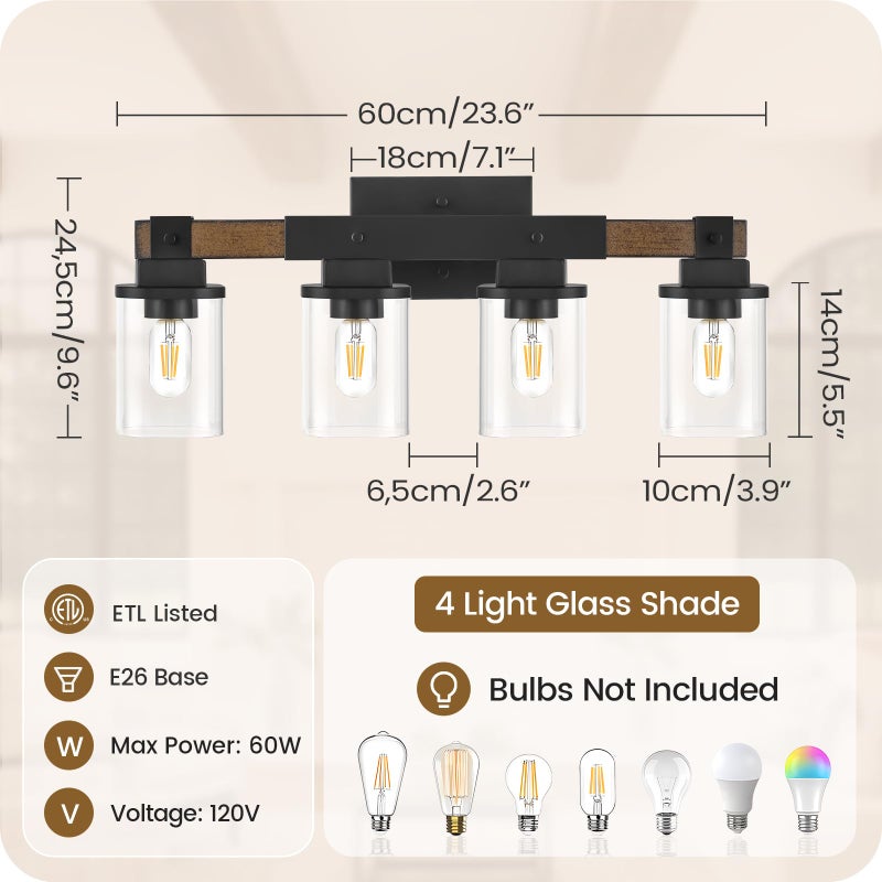GOEBLESON 4-Light Bathroom Light Fixtures, Farmhouse Vanity Lights for Bathroom with Glass Square Shade, Rustic Vanity Lights, Sconce Wall Light, E26 Base (Bulbs Not Included), ETL Listed FS09BD05 - Image 2
