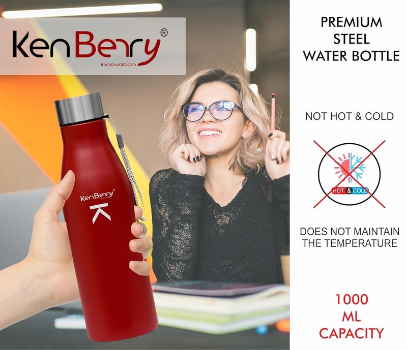KenBerry Alpha Duke Single Wall Stainless Steel Water Bottle 1000 ml Pack of 1 Maroon - Image 2