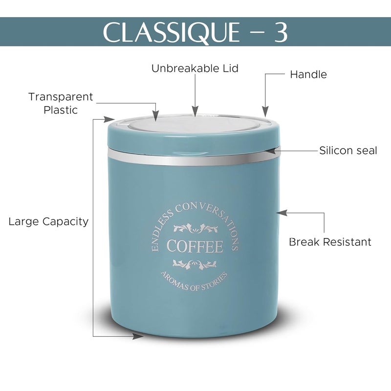 JAYPEE PLUS جرار تخزين سيليكون كلاسيكي 3-750 مل | حاوية مقاومة للكسر للشاي والسكر والقهوة | غطاء مطاطي محكم الإغلاق بلمسة لامعة مجموعة من 3 - (أزرق) - Image 3