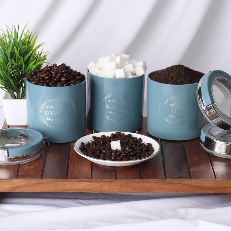 JAYPEE PLUS جرار تخزين سيليكون كلاسيكي 3-750 مل | حاوية مقاومة للكسر للشاي والسكر والقهوة | غطاء مطاطي محكم الإغلاق بلمسة لامعة مجموعة من 3 - (أزرق) - Image 2