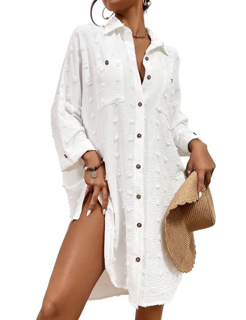 Bsubseach Women Swimsuit Coverup Blouse Button Down Shirt Dresses Swiss Dot Tops White - Image 1