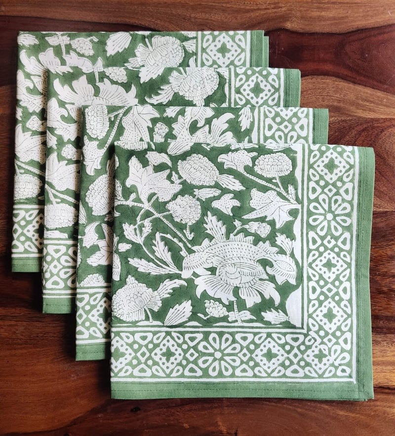 ATOSII Meraki Green 100 Cotton Spring Cloth Designer Dinner Napkins Handblock Print Washable Durable Linen for Everyday Use Wedding Parties Outdoors Christmas Easter I 20 X 20 Inches I Set of 4