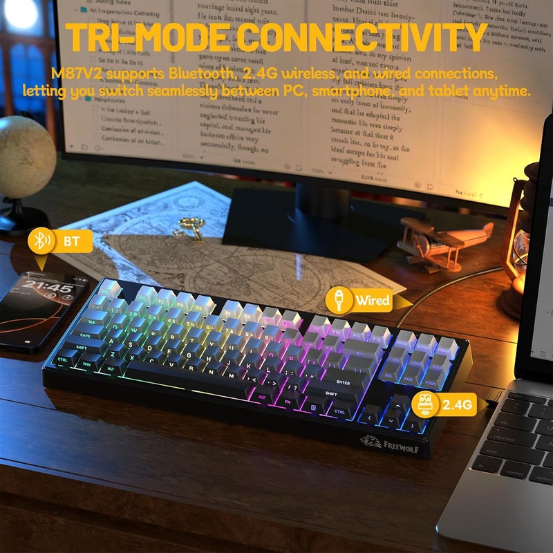 فري وولف لوحة مفاتيح لعب إلكترونية من FREEWOLF M87V2، وايفاي، بثلاثة أوضاع: BT/2.4G/سلكي، هادئة وناعمة في الاستخدام، ببطارية سعة 4000 مللي أمبير ساعة، أزرار مطبوعة على الجانب، تصميم QWERTY الأمريكي، مزودة بتقنية مكافحة ظاهرة “الأزرار الغير ملموسة” (Anti-Ghosting)، وتدعم 16 مليون لون RGB، مناسبة لأنظمة Mac وWin (لون ليلي). - Image 3