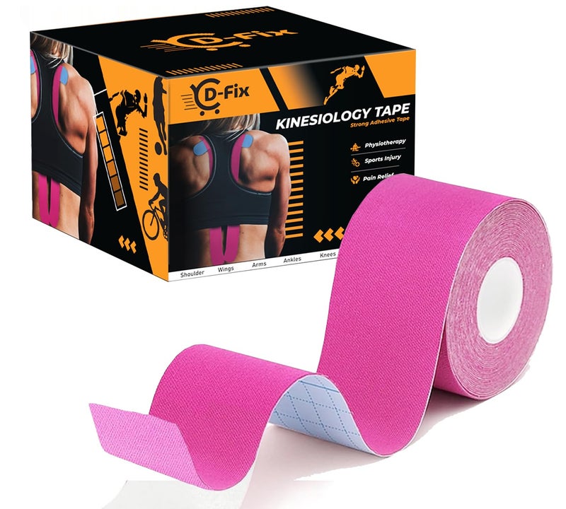 D-Fix شريط كينيسيو (5 م × 5 سم) خالي من اللاتكس وقابل للتنفس لشريط رياضي للإصابات، دعم العضلات، تخفيف الألم، دعم المفاصل والعلاج الطبيعي - وردي - Image 1