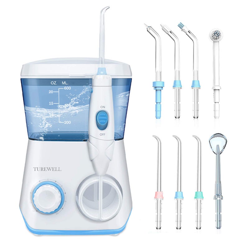 TUREWELL Water Flossing Oral Irrigator 600ML Dental Cleaner 10 Adjustable Pressure Electric Oral Flosser for TeethBraces 8 Replacement Jet Tips for Family White