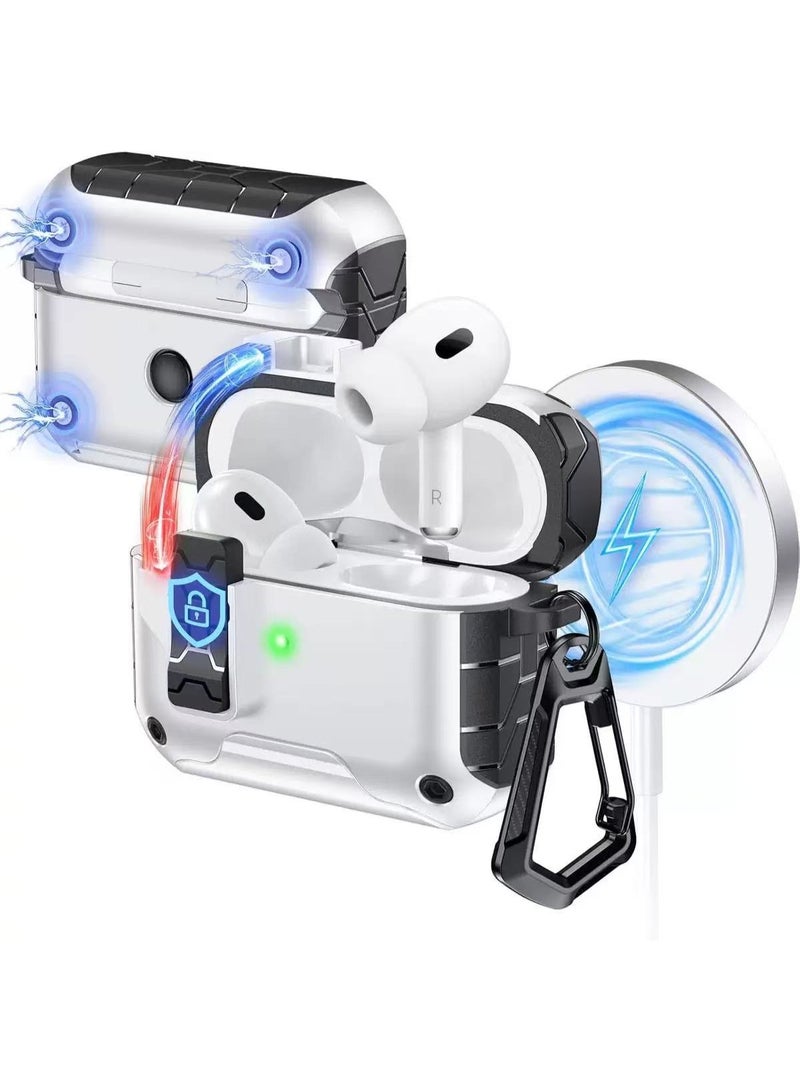 DKNG Suitable for AirPods Pro 3 stand protective case, built-in magnet AirPods Pro 3 protective cover, one-button automatic open and close, full-body drop protection design, supports wired and wireless charging, comes with a carabiner. White - Image 1