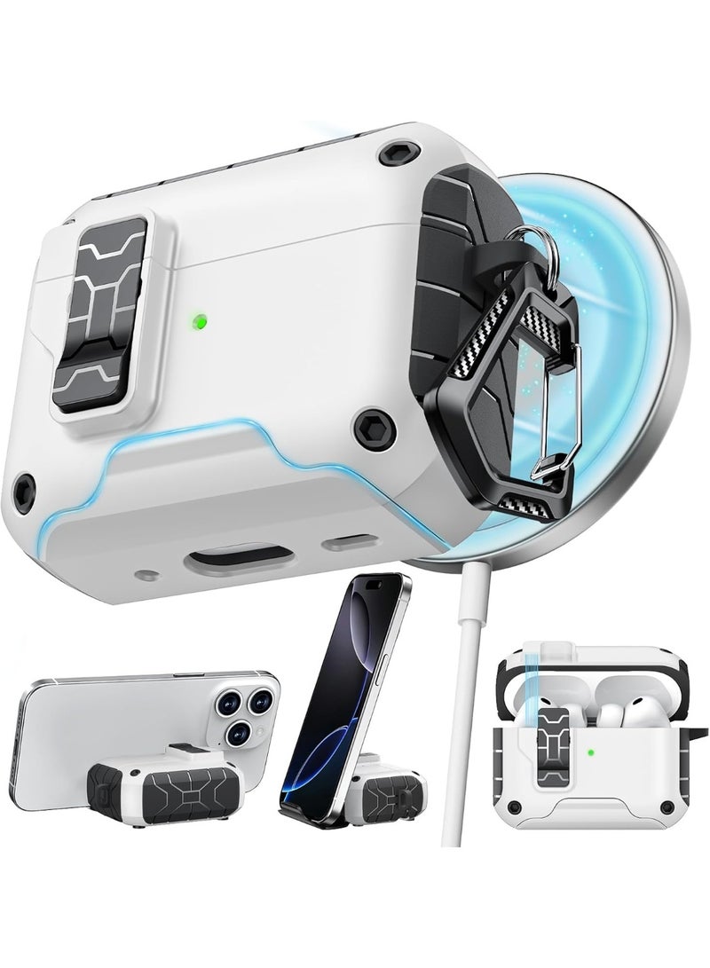 DKNG Suitable for AirPods Pro 3 stand protective case, built-in magnet AirPods Pro 3 protective cover, one-button automatic open and close, full-body drop protection design, supports wired and wireless charging, comes with a carabiner. White - Image 2