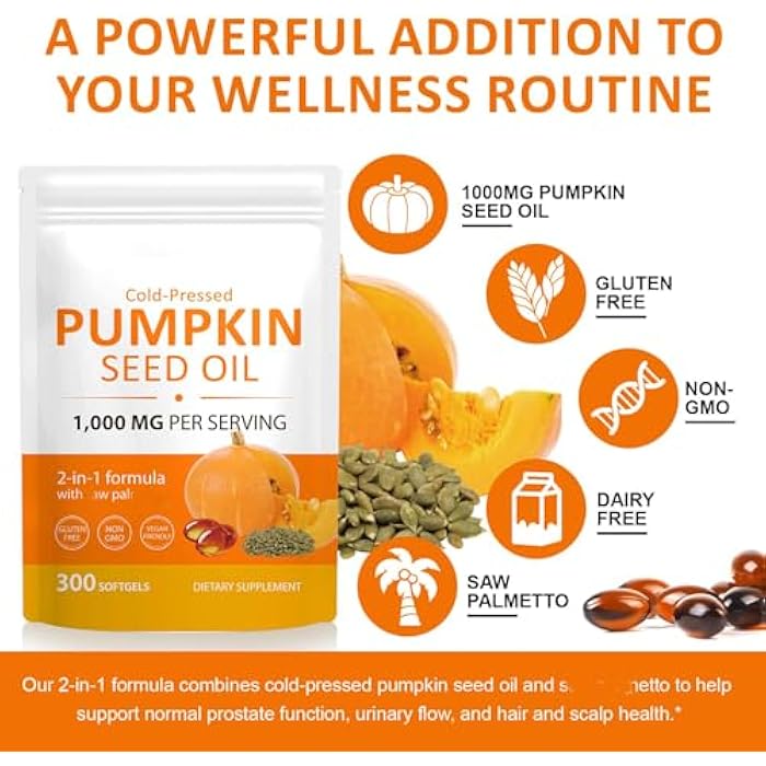 SDJUFEI Pumpkin Seed Oil with Saw Palmetto, 2 in 1 Pumpkin Seed Oil Capsules for Hair Growth, 1000mg per Serving, 300 Softgels,– Cold Pressed, Prostate, Urinary & Bladder Health, Pure & Natural - Image 2