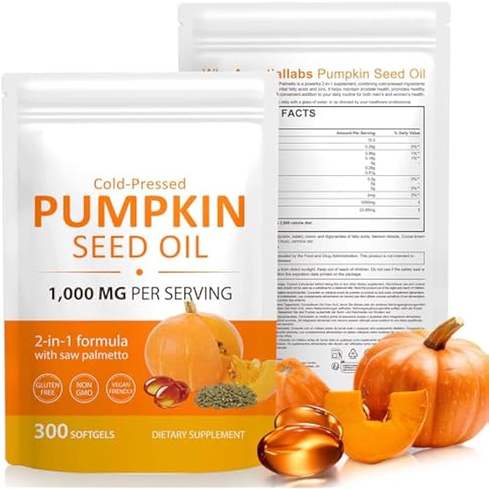 SDJUFEI Pumpkin Seed Oil with Saw Palmetto, 2 in 1 Pumpkin Seed Oil Capsules for Hair Growth, 1000mg per Serving, 300 Softgels,– Cold Pressed, Prostate, Urinary & Bladder Health, Pure & Natural - Image 1
